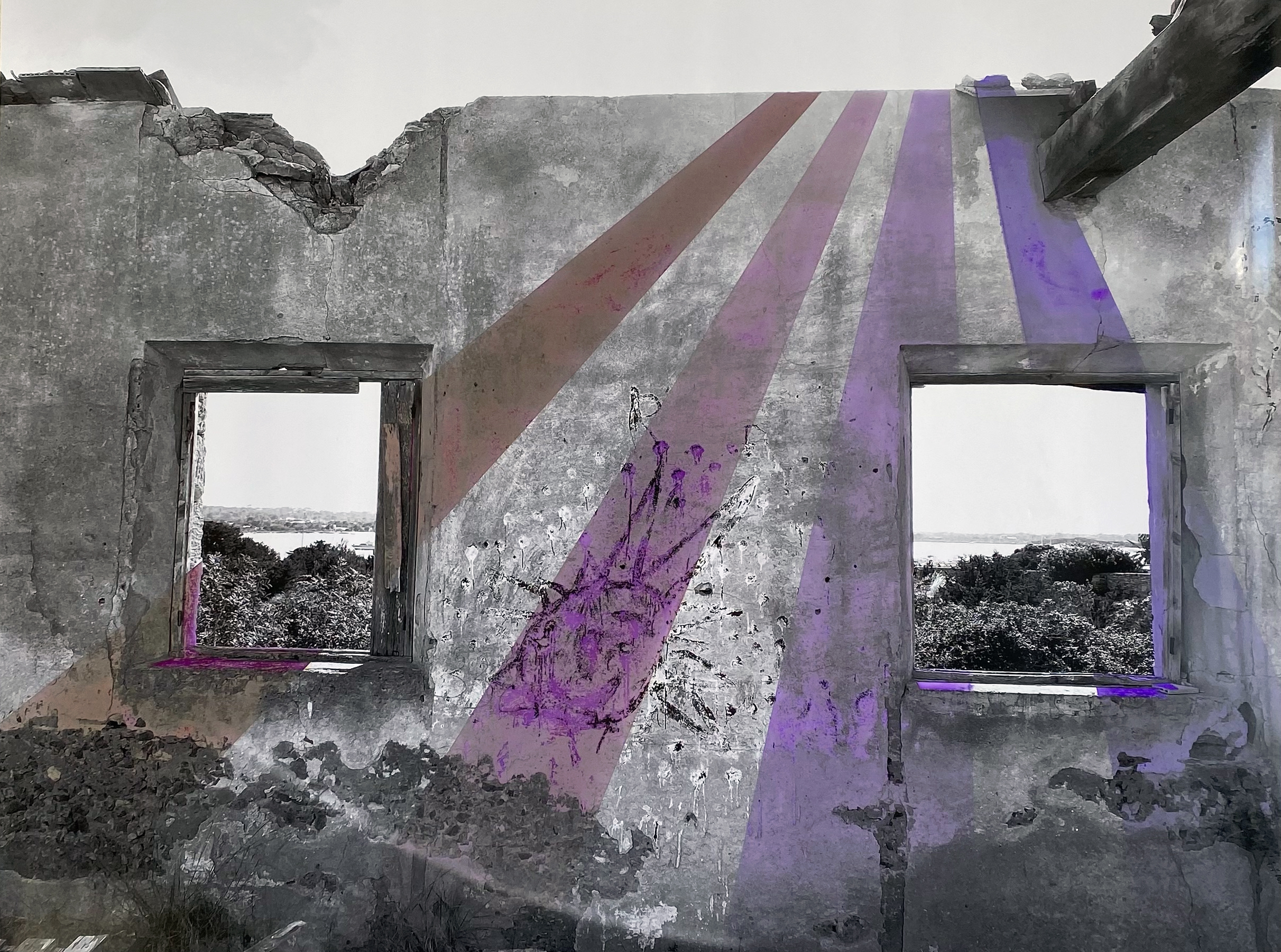 La Colònia Penitenciària #3, 2024, photograph painted over with pigment colours, 119 x 84 cm